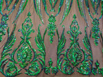 Load image into Gallery viewer, Iridescent Green Black Mesh Victorian Egg Tulip Sequin Mesh 4-Way Stretch 55” Wide || Fabric by the Yard

