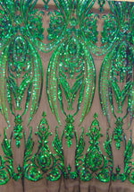 Load image into Gallery viewer, Iridescent Green Black Mesh Victorian Egg Tulip Sequin Mesh 4-Way Stretch 55” Wide || Fabric by the Yard
