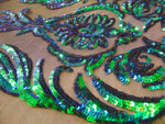Load image into Gallery viewer, Iridescent Green Black Mesh Victorian Egg Tulip Sequin Mesh 4-Way Stretch 55” Wide || Fabric by the Yard
