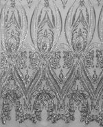 Load image into Gallery viewer, Silver Victorian Egg Tulip Sequin Mesh 4-Way Stretch 55” Wide || Fabric by the Yard
