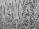 Load image into Gallery viewer, Silver Victorian Egg Tulip Sequin Mesh 4-Way Stretch 55” Wide || Fabric by the Yard
