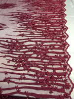 Load image into Gallery viewer, Burgundy Scalloped Beaded Edge Hand Lace 52” Wide || Fabric by the Yard
