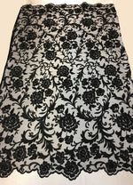 Load image into Gallery viewer, Black Scalloped Beaded Edge Hand Lace 52” Wide || Fabric by the Yard
