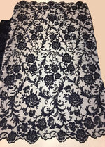 Load image into Gallery viewer, Navy Scalloped Beaded Edge Hand Lace 52” Wide || Fabric by the Yard
