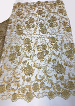 Load image into Gallery viewer, Gold Scalloped Beaded Edge Hand Lace 52” Wide || Fabric by the Yard
