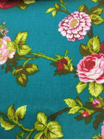 Load image into Gallery viewer, Red and Pink Garden Flower Teal Poly Cotton 60” Wide || Fabric by the Yard
