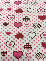 Load image into Gallery viewer, Pink and Red Heart Polka Dot Printed White Poly Cotton 60” Wide || Fabric by the Yard
