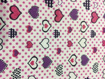 Load image into Gallery viewer, Pink and Purple Heart Polka Dot Printed White Poly Cotton 60” Wide || Fabric by the Yard
