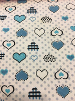 Load image into Gallery viewer, Light Blue and Turquoise Heart Polka Dot Printed White Poly Cotton 60” Wide || Fabric by the Yard
