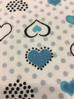 Load image into Gallery viewer, Light Blue and Turquoise Heart Polka Dot Printed White Poly Cotton 60” Wide || Fabric by the Yard
