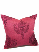 Load image into Gallery viewer, Set of 2 Magenta Alessio Damask Metallic Embossed Faux Vinyl Zipper 18"x18" Pillow Cases || Home Decor

