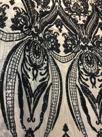 Load image into Gallery viewer, Black On Nude Victorian Egg Tulip Sequin Mesh 4-Way Stretch 55” Wide || Fabric by the Yard
